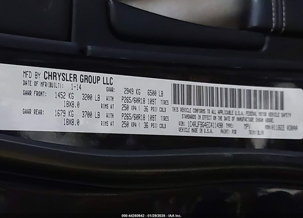 2014 JEEP GRAND CHEROKEE LIMITED VIN: 1C4RJFBG4EC411490