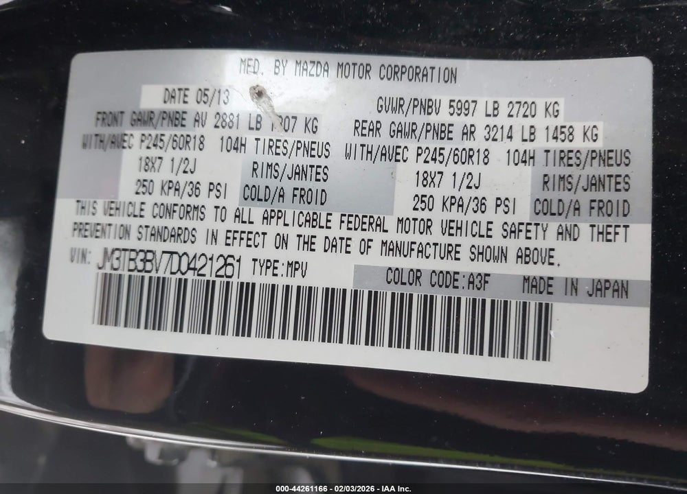 2013 MAZDA CX-9 SPORT VIN: JM3TB3BV7D0421261