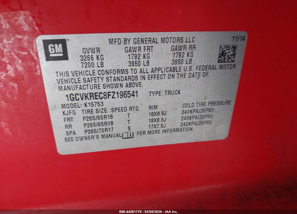 2015 CHEVROLET SILVERADO 1500 1LT VIN: 1GCVKREC8FZ196541