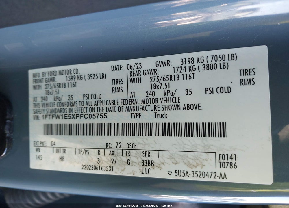 2023 FORD F150 VIN: 1FTFW1E5XPFC05755