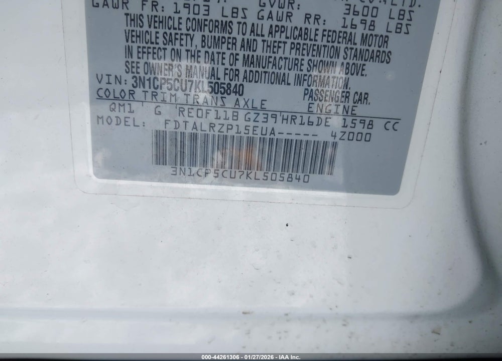 2019 NISSAN KICKS S VIN: 3N1CP5CU7KL505840