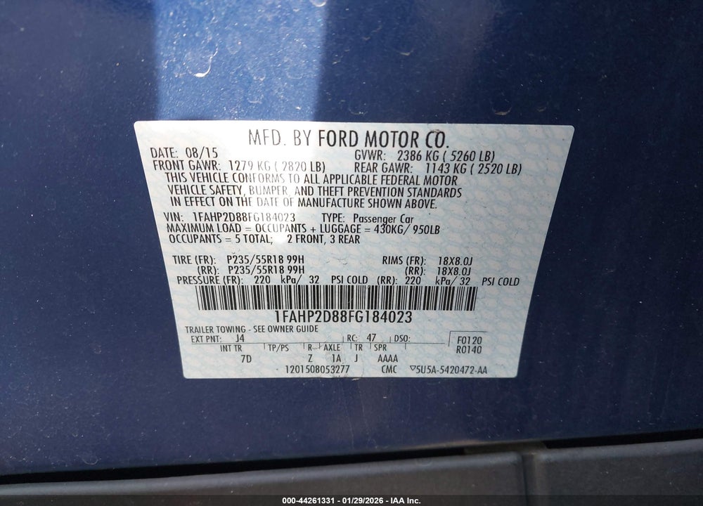 2015 FORD TAURUS SE VIN: 1FAHP2D88FG184023
