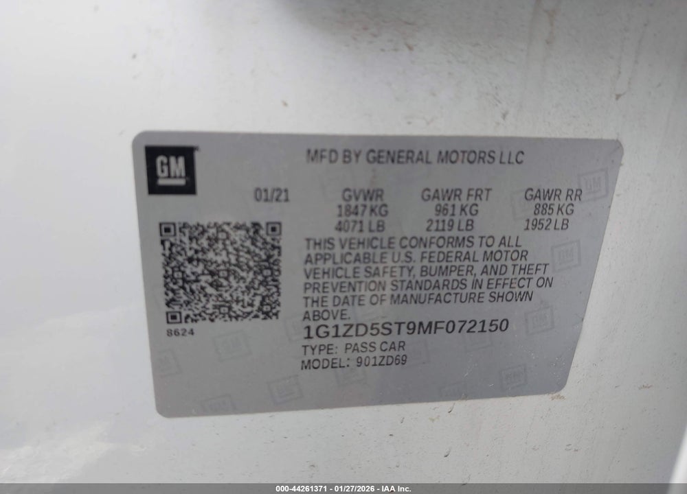 2021 CHEVROLET MALIBU FWD LT VIN: 1G1ZD5ST9MF072150