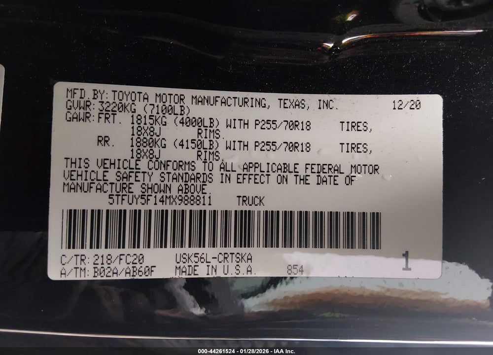 2021 TOYOTA TUNDRA SR5 VIN: 5TFUY5F14MX988811