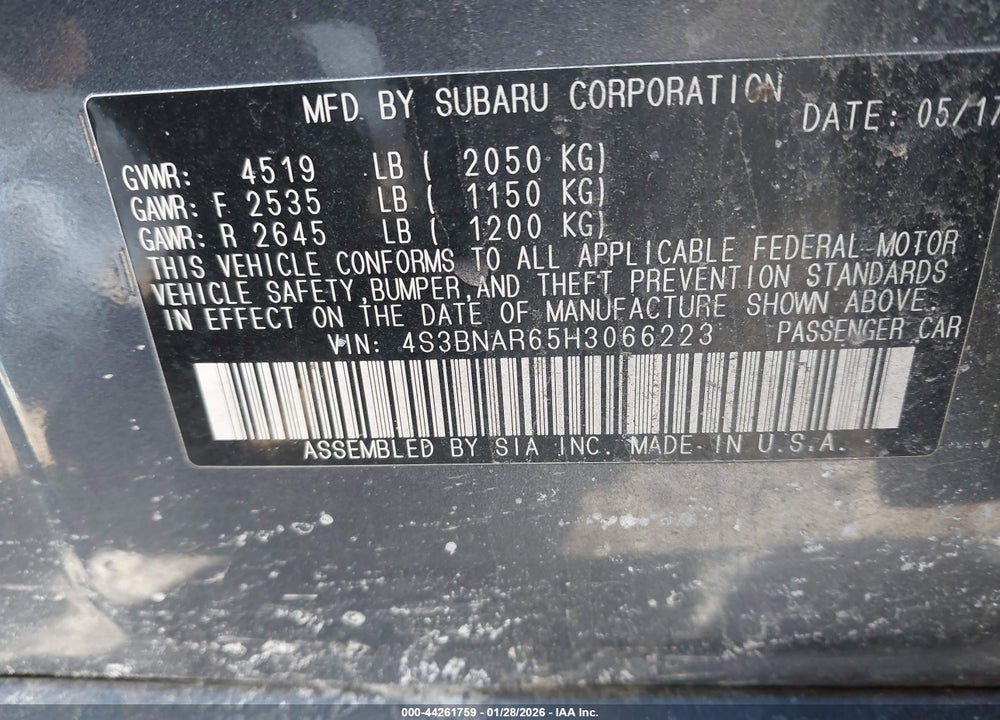 2017 SUBARU LEGACY 2.5I SPORT VIN: 4S3BNAR65H3066223