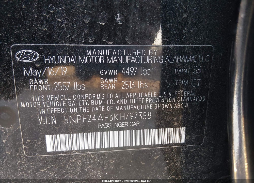 2019 HYUNDAI SONATA SE VIN: 5NPE24AF3KH797358