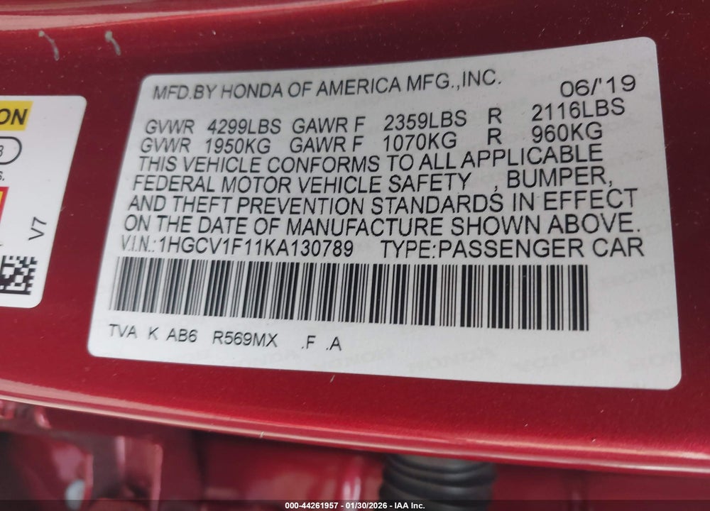 2019 HONDA ACCORD LX VIN: 1HGCV1F11KA130789