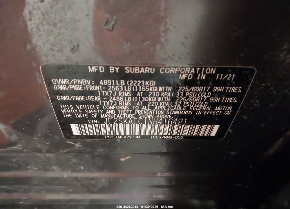 2022 SUBARU FORESTER PREMIUM VIN: JF2SKAEC1NH416421