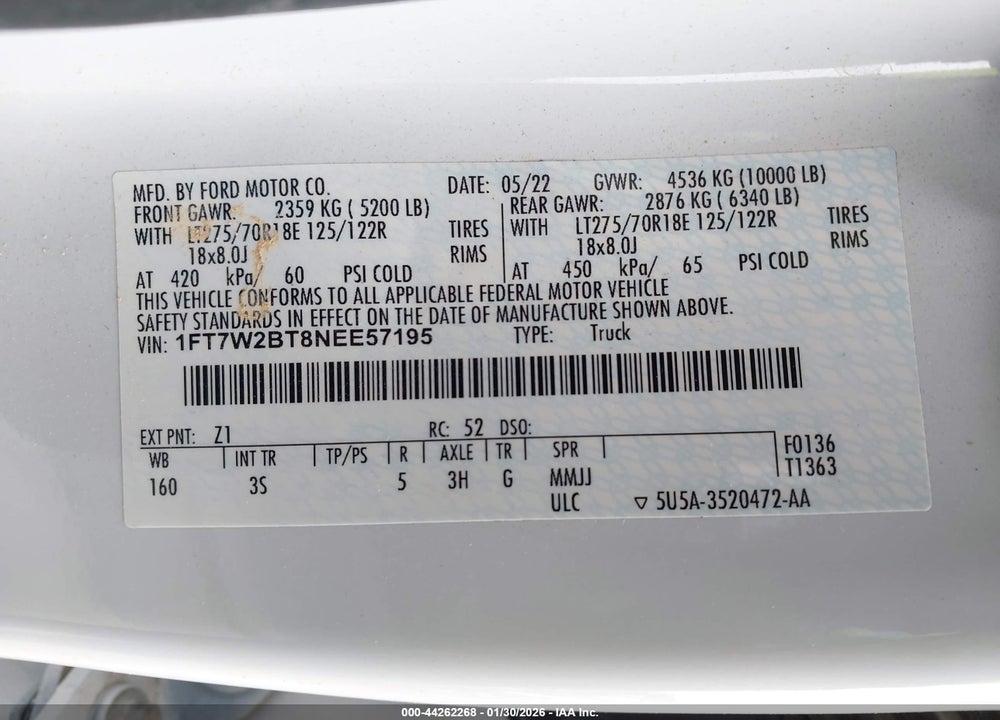 2022 FORD F-250 XLT VIN: 1FT7W2BT8NEE57195
