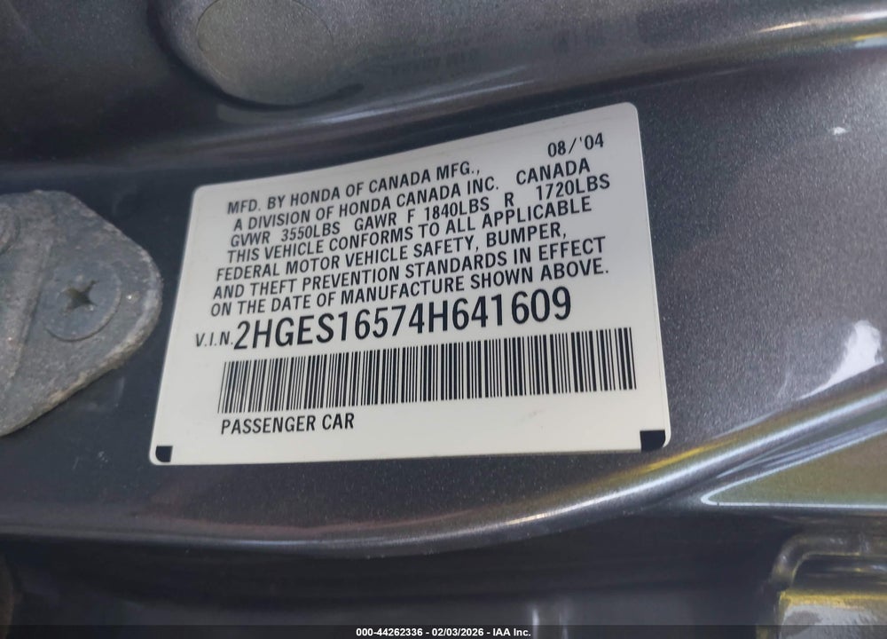 2004 HONDA CIVIC LX VIN: 2HGES16574H641609