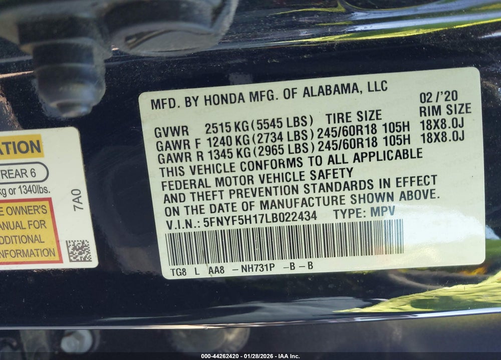 2020 HONDA PILOT 2WD LX VIN: 5FNYF5H17LB022434