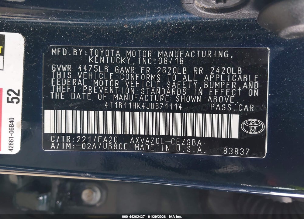 2018 TOYOTA CAMRY SE VIN: 4T1B11HK4JU671114