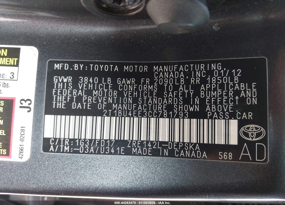 2012 TOYOTA COROLLA S VIN: 2T1BU4EE3CC781793
