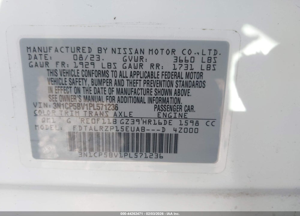 2023 NISSAN KICKS S XTRONIC CVT VIN: 3N1CP5BV1PL571236
