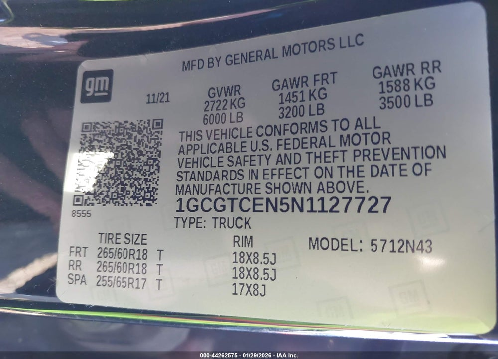 2022 CHEVROLET COLORADO VIN: 1GCGTCEN5N1127727
