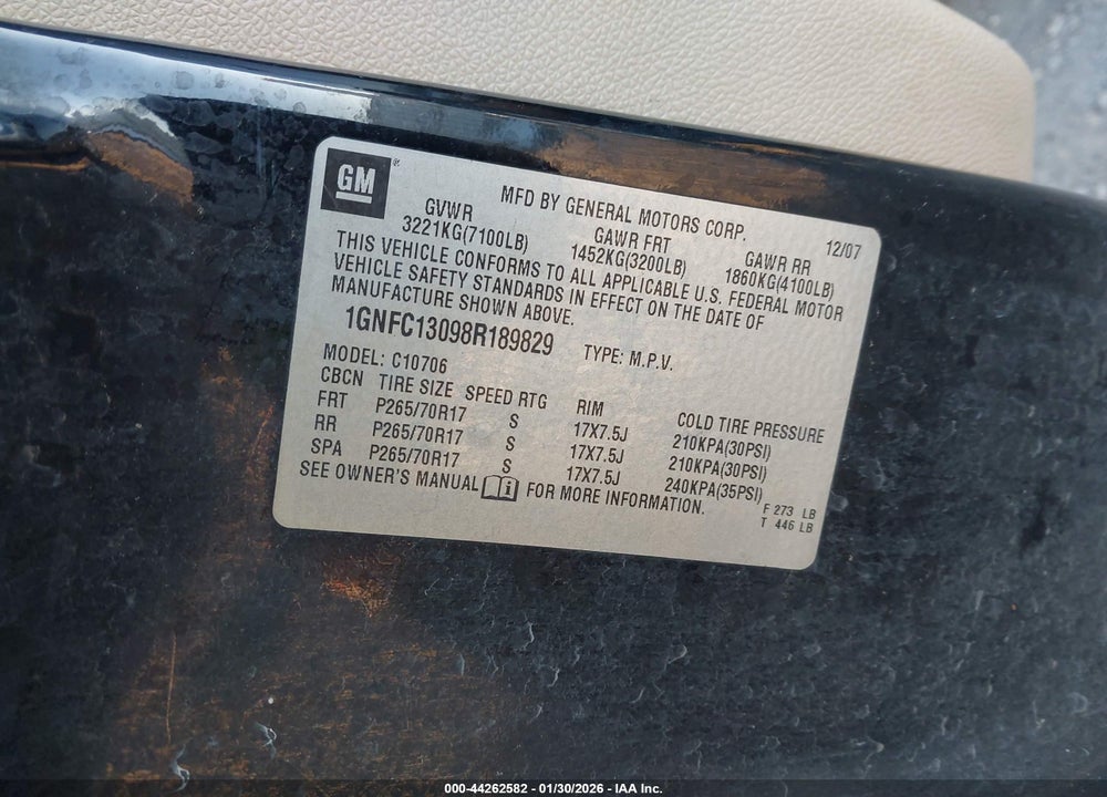 2008 CHEVROLET TAHOE LT VIN: 1GNFC13098R189829