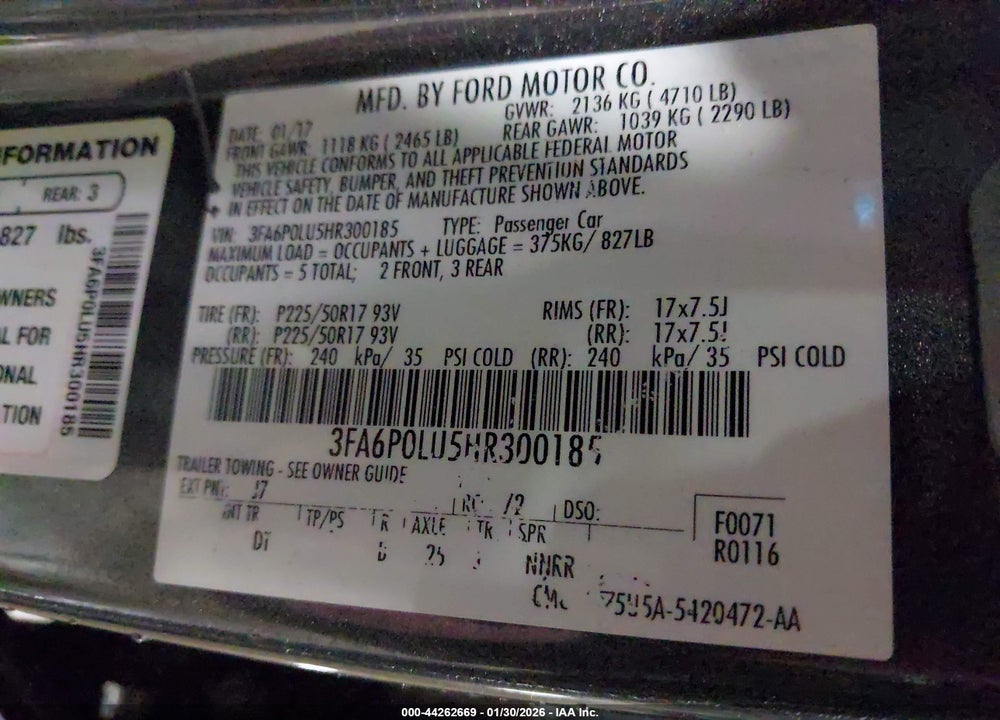2017 FORD FUSION HYBRID SE VIN: 3FA6P0LU5HR300185