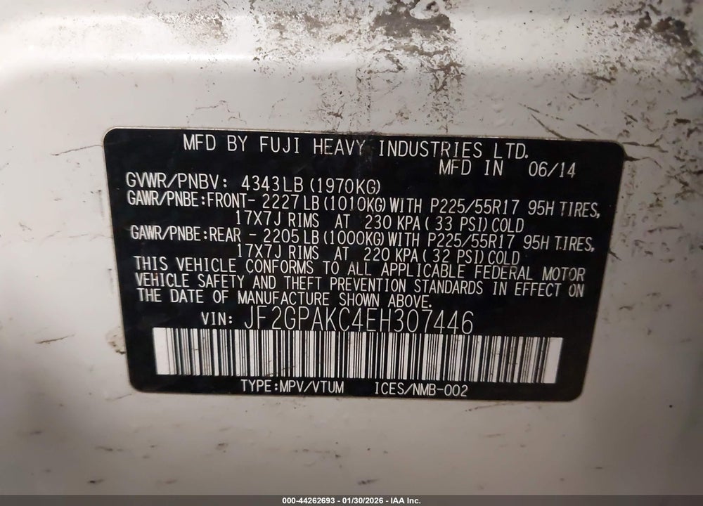 2014 SUBARU XV CROSSTREK 2.0I LIMITED VIN: JF2GPAKC4EH307446