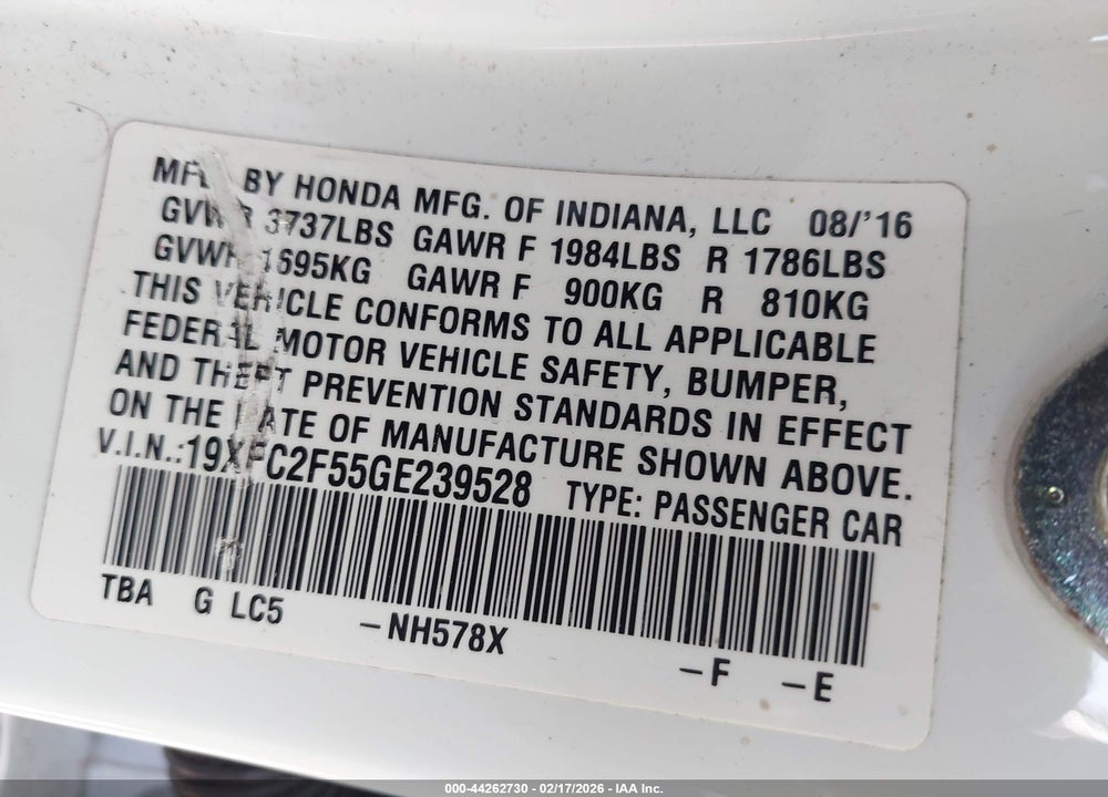 2016 HONDA CIVIC LX VIN: 19XFC2F55GE239528