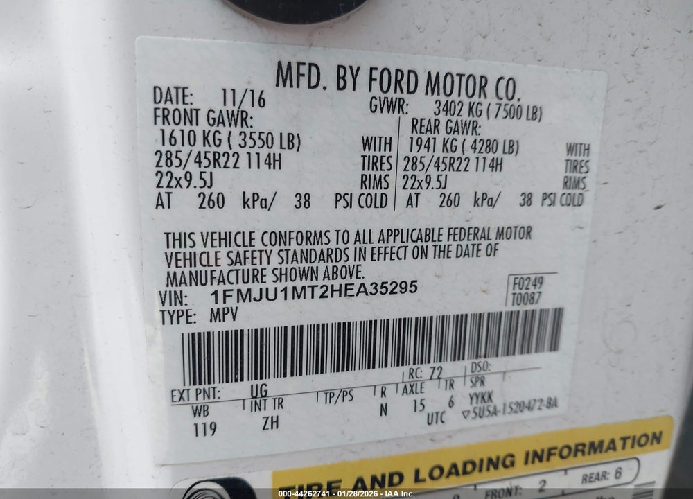 2017 FORD EXPEDITION PLATINUM VIN: 1FMJU1MT2HEA35295