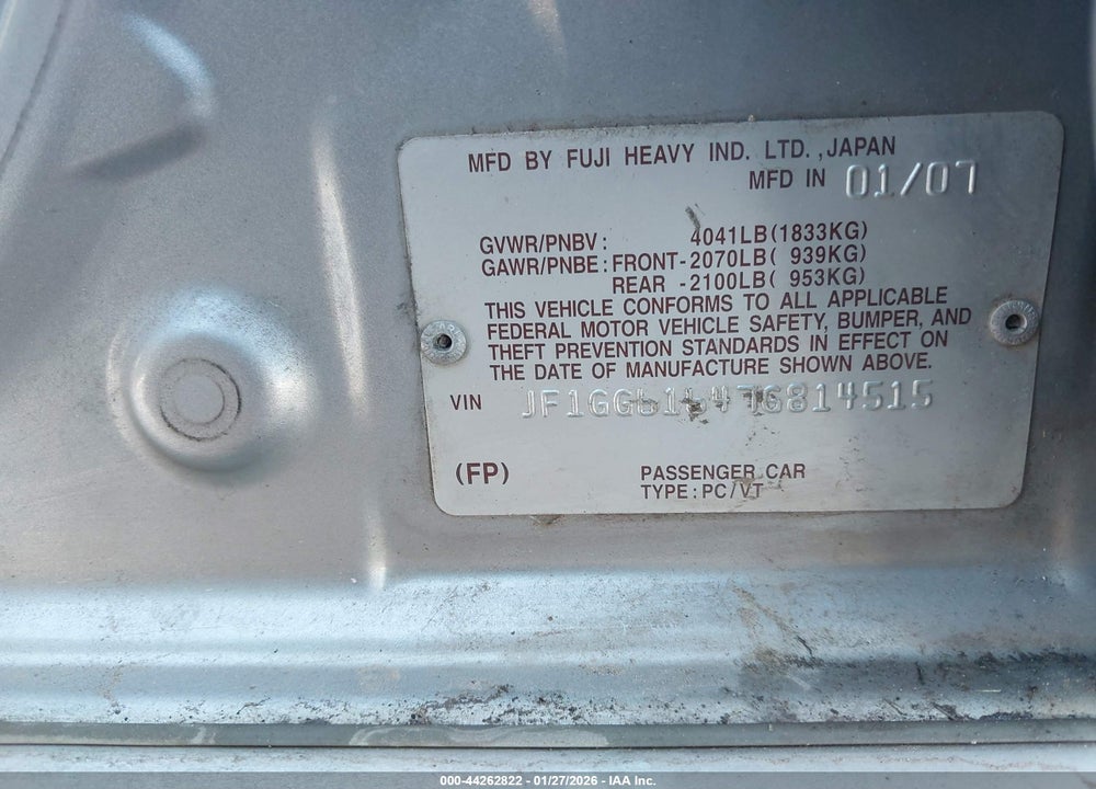 2007 SUBARU IMPREZA 2.5I VIN: JF1GG61647G814515