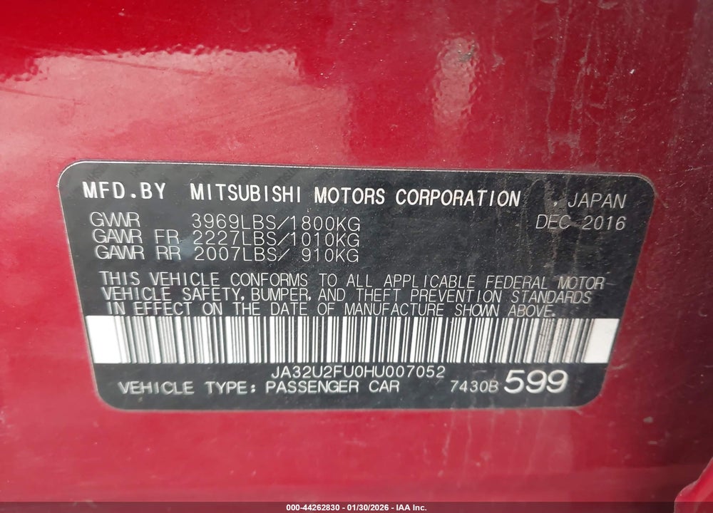 2017 MITSUBISHI LANCER ES VIN: JA32U2FU0HU007052