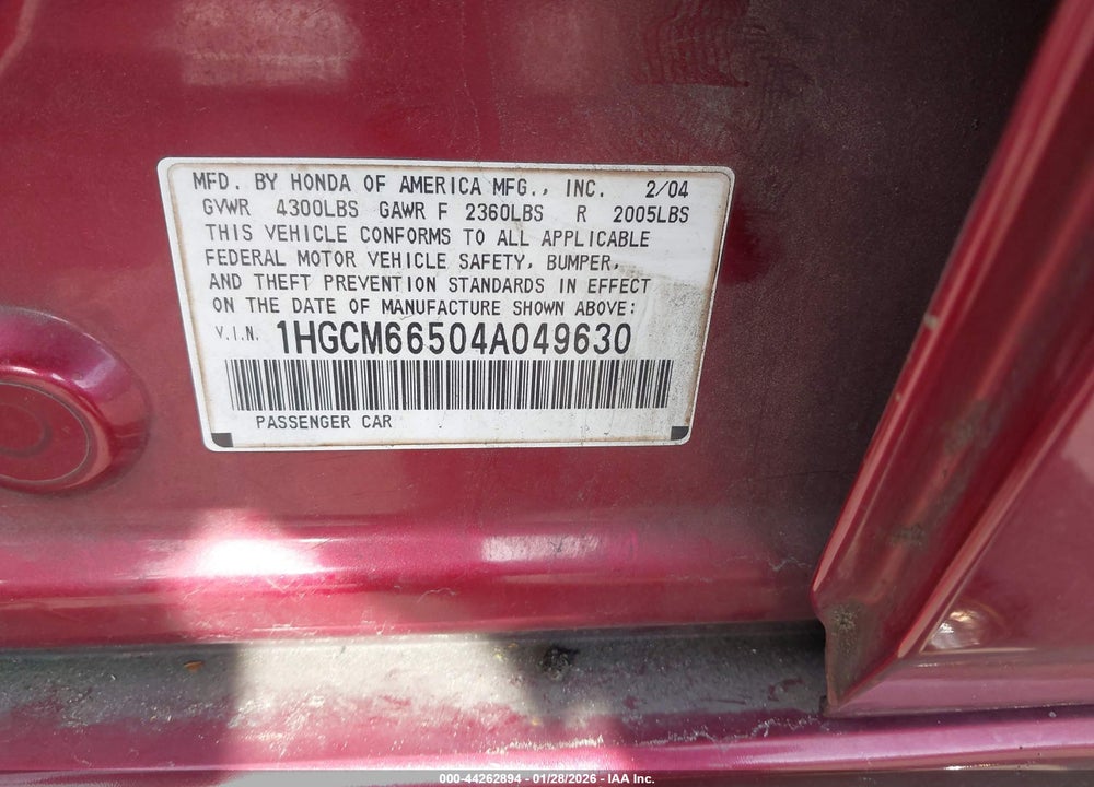 2004 HONDA ACCORD 3.0 EX VIN: 1HGCM66504A049630