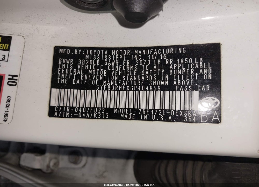 2016 TOYOTA COROLLA S PLUS VIN: 5YFBURHEXGP404859