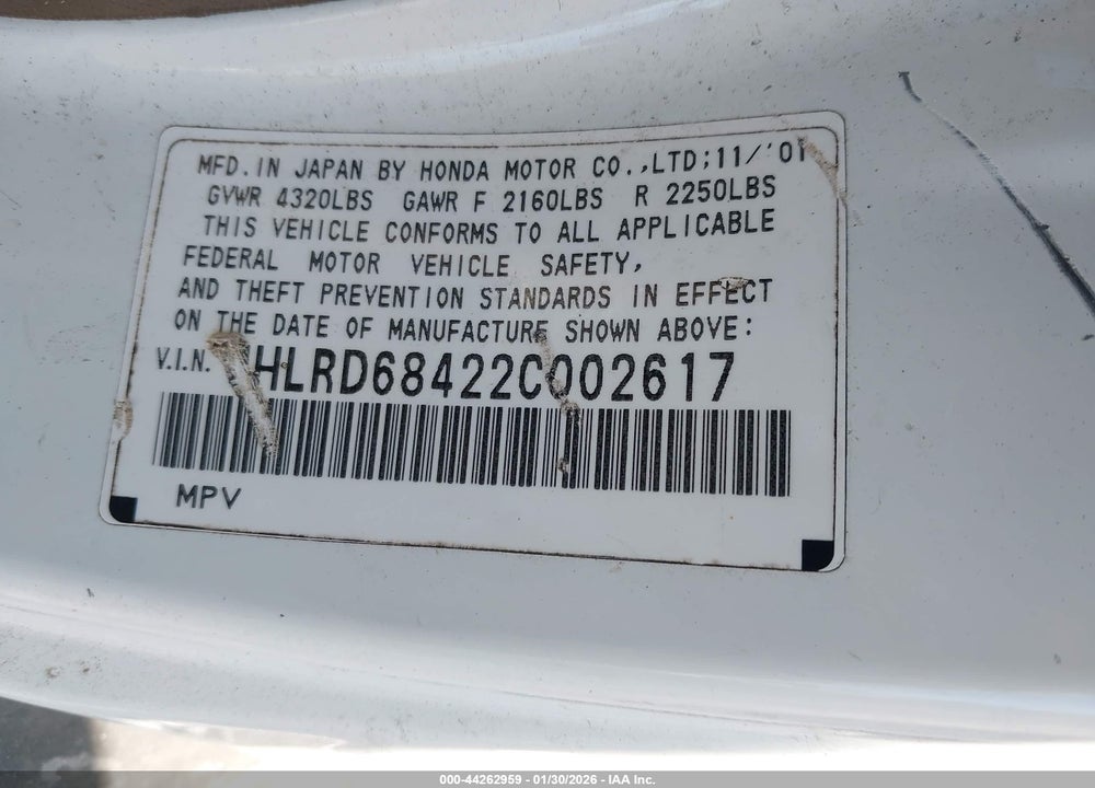 2002 HONDA CR-V LX VIN: JHLRD68422C002617