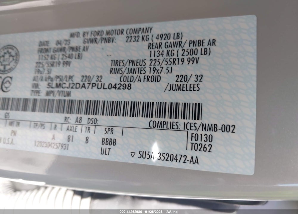 2023 LINCOLN CORSAIR RESERVE VIN: 5LMCJ2DA7PUL04298