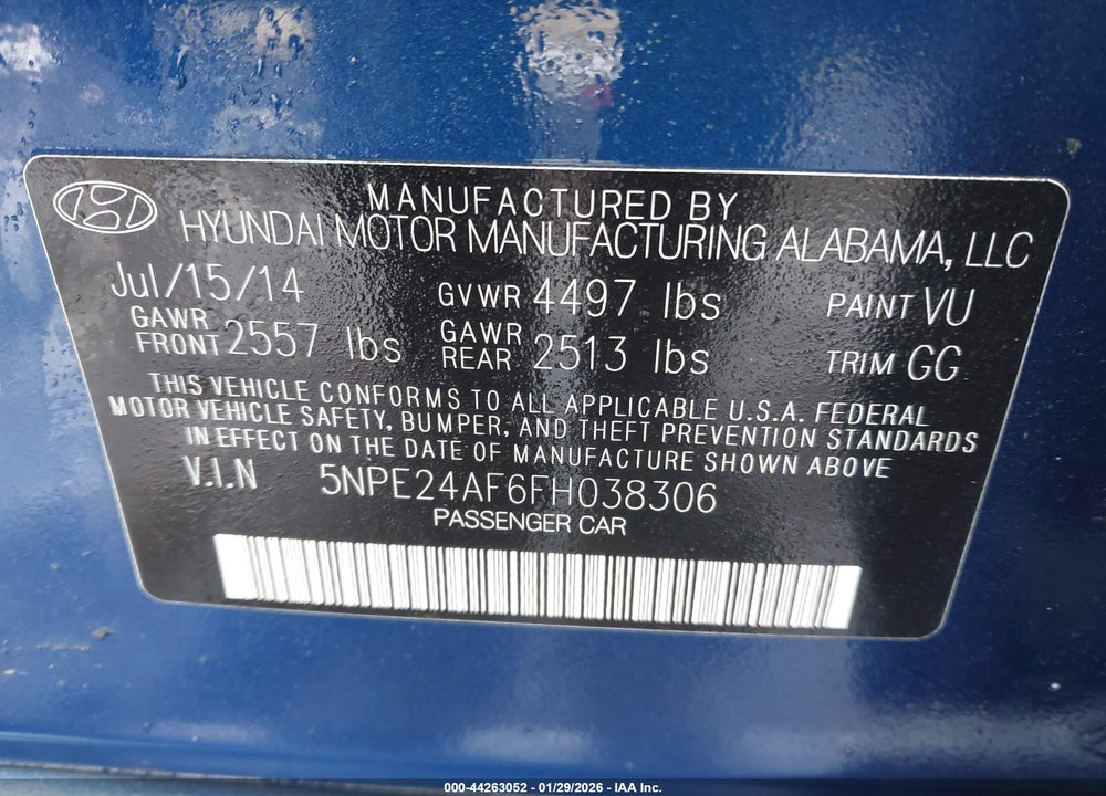 2015 HYUNDAI SONATA SE VIN: 5NPE24AF6FH038306