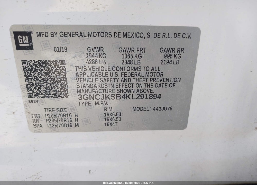 2019 CHEVROLET TRAX LS VIN: 3GNCJKSB4KL291894