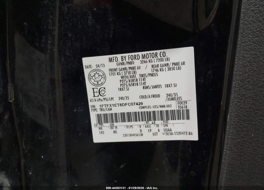 2013 FORD F-150 XLT VIN: 1FTFX1ET8DFC07429