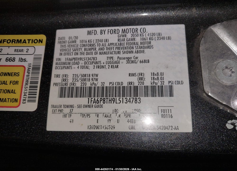 2020 FORD MUSTANG ECOBOOST PREMIUM FASTBACK VIN: 1FA6P8TH9L5134783
