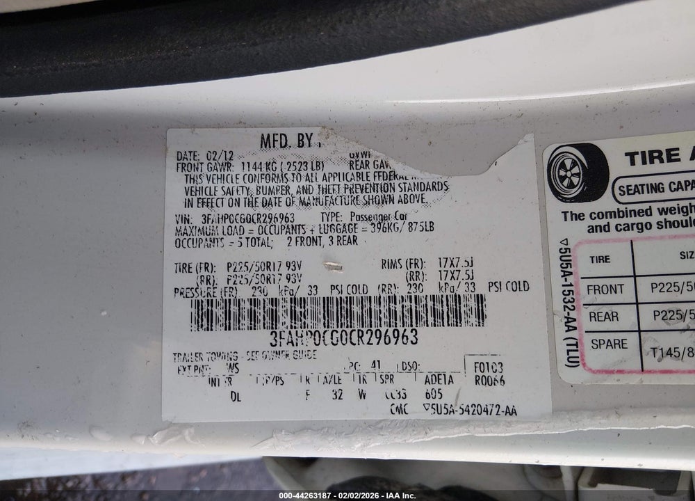 2012 FORD FUSION SEL VIN: 3FAHP0CG0CR296963