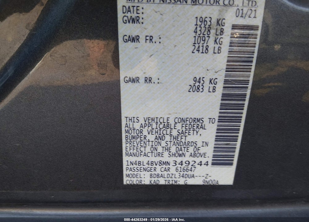 2021 NISSAN ALTIMA S FWD VIN: 1N4BL4BV8MN349244