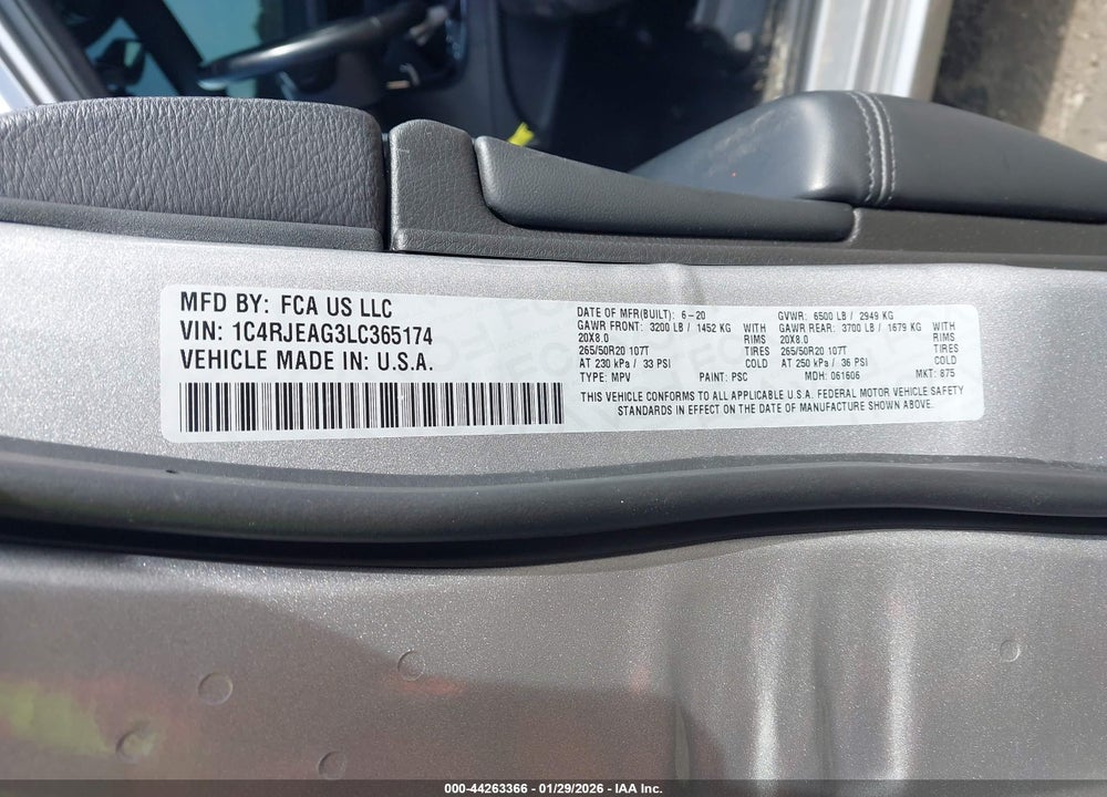 2020 JEEP GRAND CHEROKEE ALTITUDE 4X2 VIN: 1C4RJEAG3LC365174