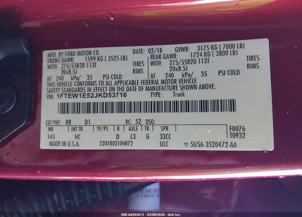 2018 FORD F-150 LARIAT VIN: 1FTEW1E52JKD53716