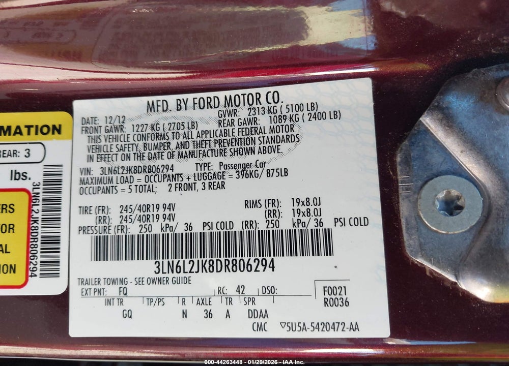 2013 LINCOLN MKZ VIN: 3LN6L2JK8DR806294