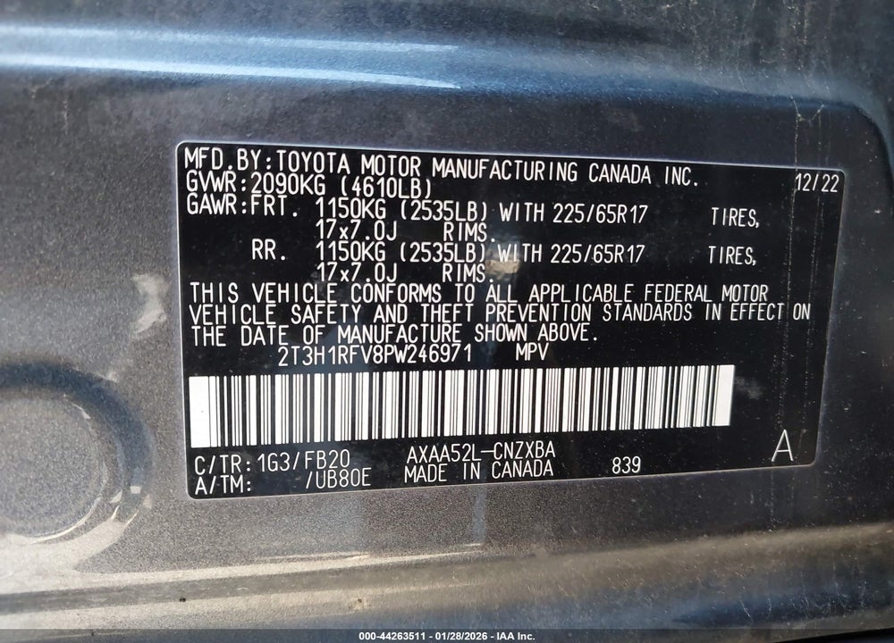 2023 TOYOTA RAV4 LE VIN: 2T3H1RFV8PW246971
