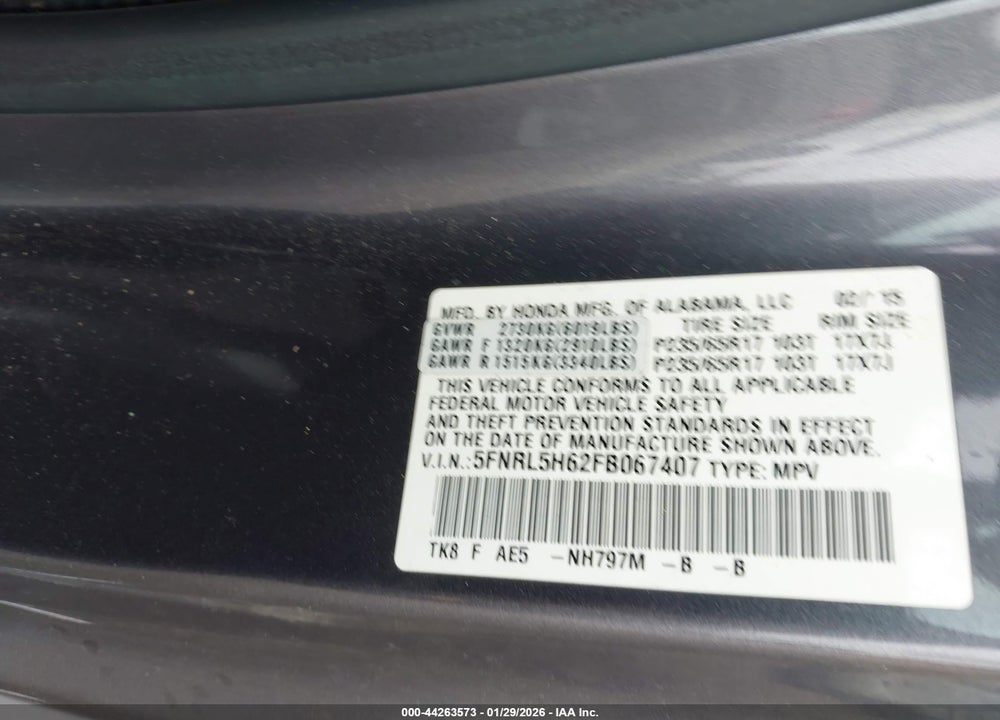 2015 HONDA ODYSSEY EX-L VIN: 5FNRL5H62FB067407