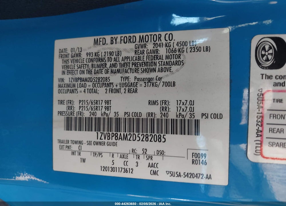2013 FORD MUSTANG V6 VIN: 1ZVBP8AM2D5282085