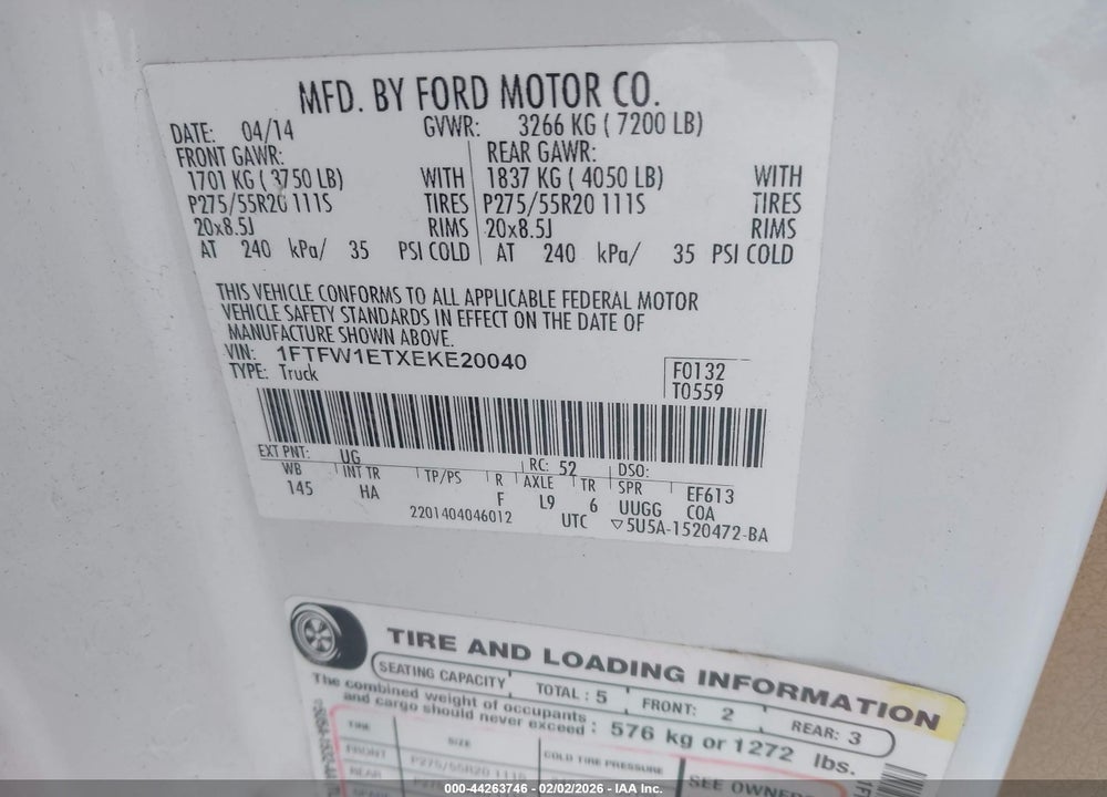 2014 FORD F-150 LARIAT VIN: 1FTFW1ETXEKE20040