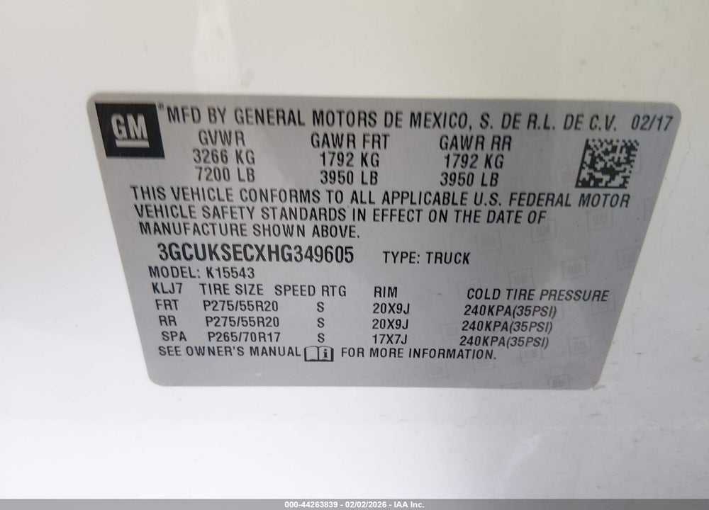 2017 CHEVROLET SILVERADO 1500 2LZ VIN: 3GCUKSECXHG349605