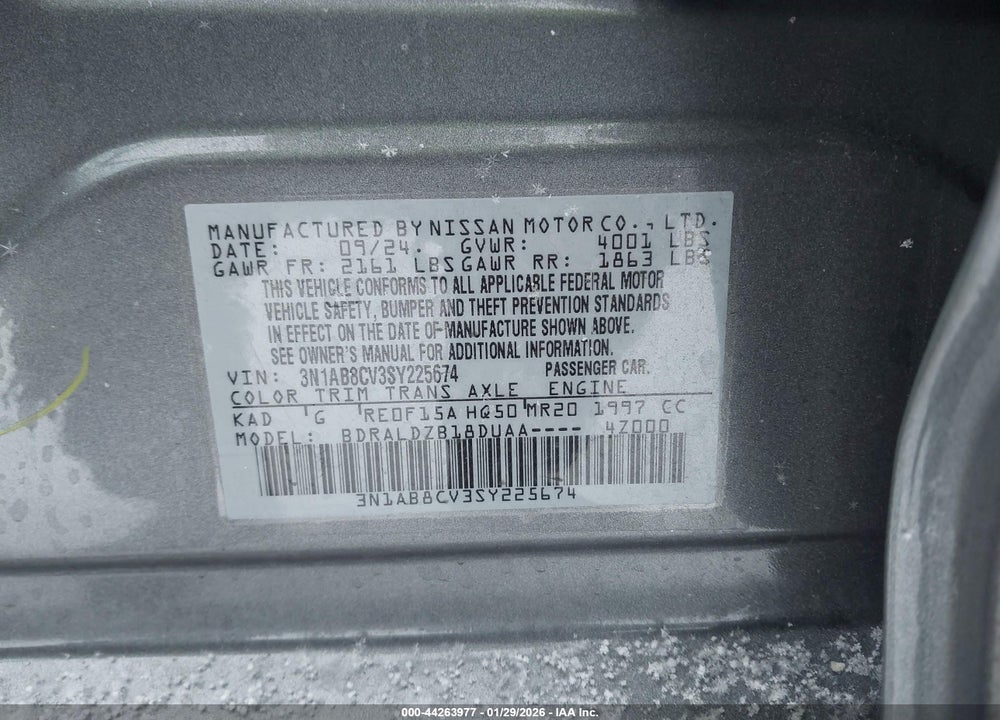 2025 NISSAN SENTRA SV VIN: 3N1AB8CV3SY225674