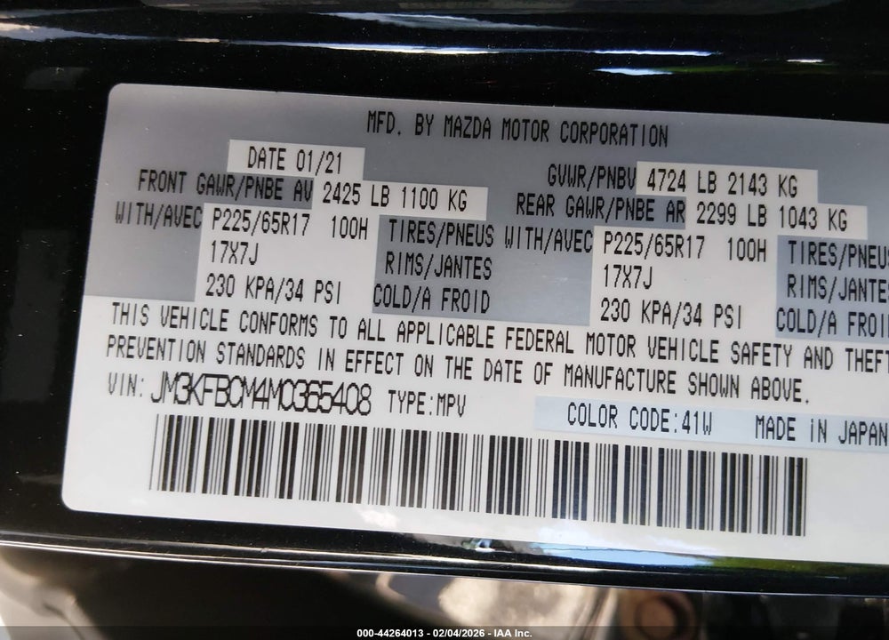 2021 MAZDA CX-5 TOURING VIN: JM3KFBCM4M0365408
