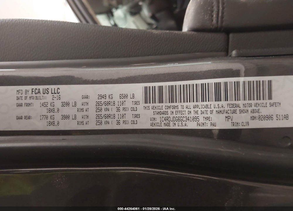2016 DODGE DURANGO LIMITED VIN: 1C4RDJDG6GC341095