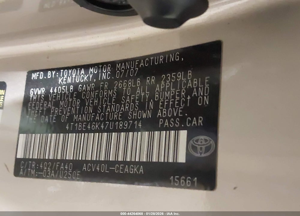 2007 TOYOTA CAMRY XLE VIN: 4T1BE46K47U189714