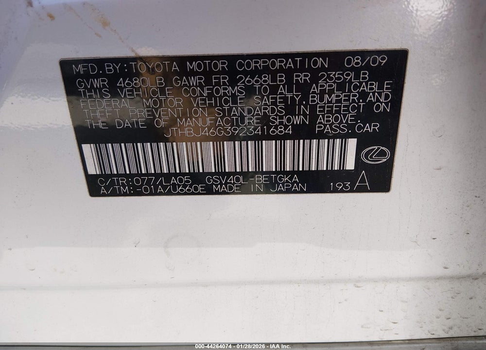 2009 LEXUS ES 350 VIN: JTHBJ46G392341684