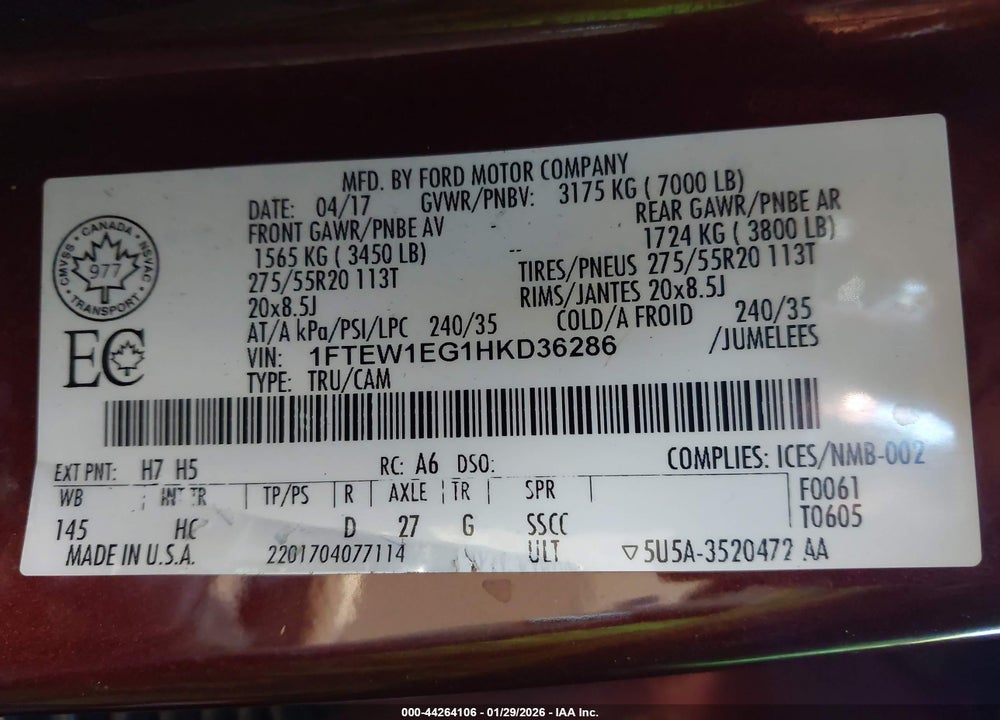 2017 FORD F-150 LARIAT VIN: 1FTEW1EG1HKD36286